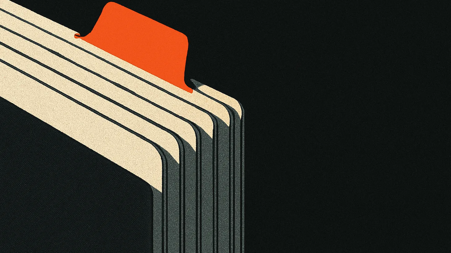 A fanned stack of pipeline-stage tabs on a dark desk, one tab standing proud and lit ember-orange.