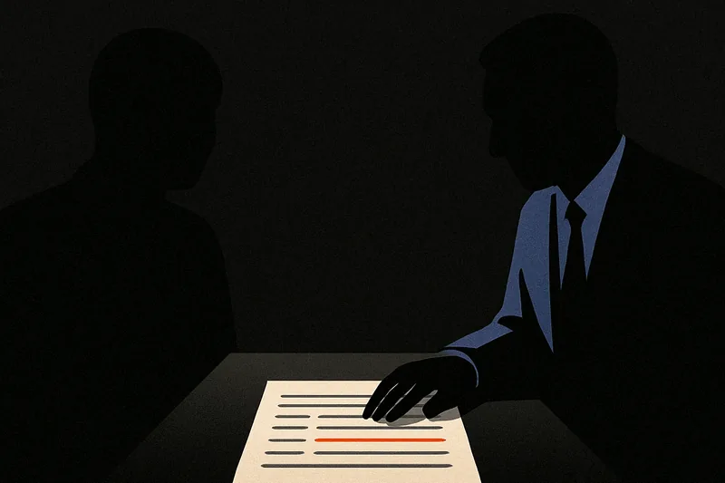 Two silhouetted figures at a table reviewing a printout, one row marked with a struck ember-orange line.