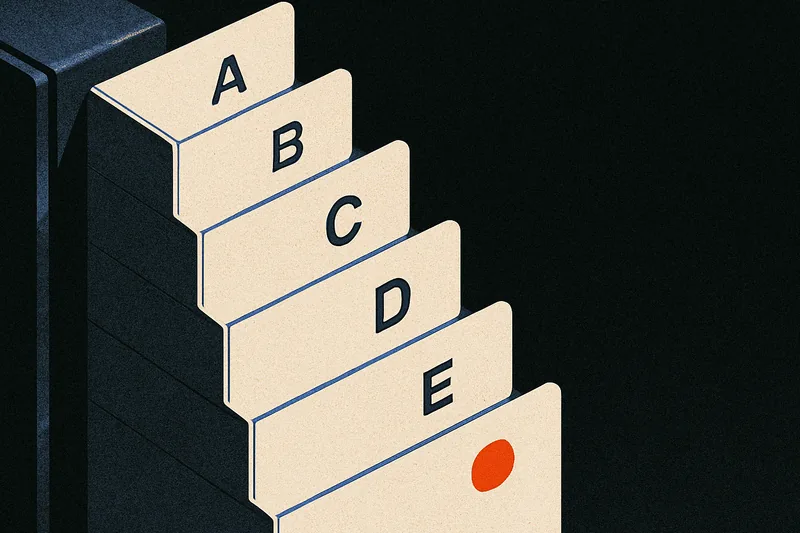 Six labeled binder tabs in a row, five flat bone-white and one set apart marked with a small ember-orange dot.