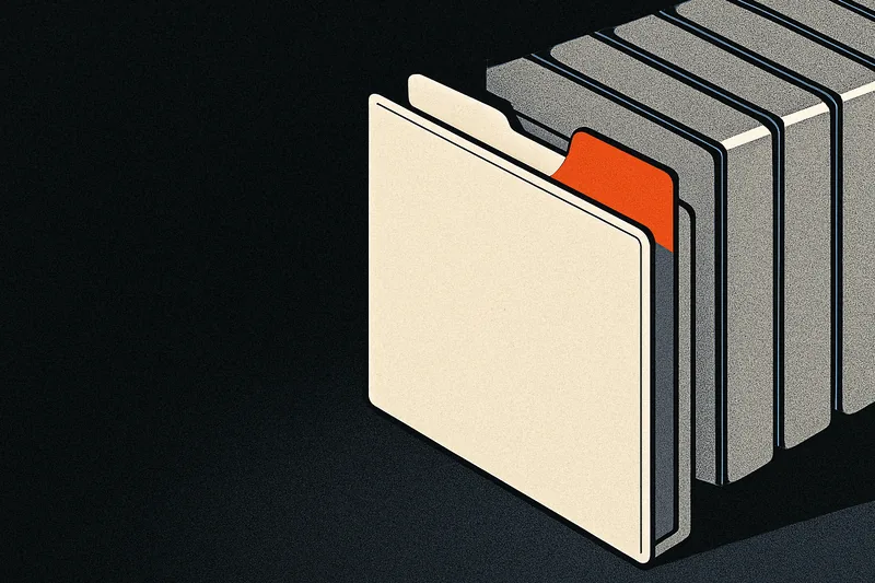 A row of deal folders on a dark desk, one folder pulled forward and marked with an ember-orange tab.