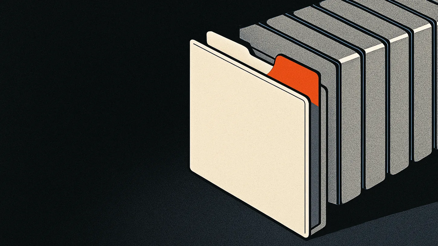 A row of deal folders on a dark desk, one folder pulled forward and marked with an ember-orange tab.
