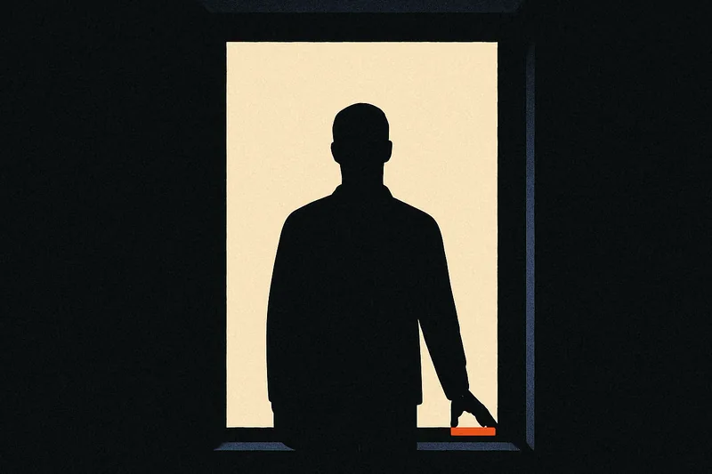 A silhouetted figure seen through a lit window from a dark corridor, one small orange panel glowing on a surface near them.