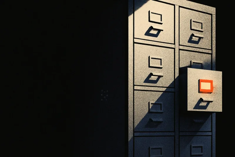 A wooden card-catalog cabinet in the dark with one drawer ajar, its label tab glowing orange.