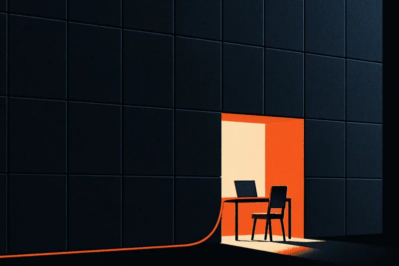 A small warmly lit alcove at the base of a monumental dark corporate wall, with a thin ember cable path routing around the wall's edge.