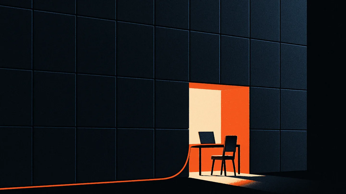 A small warmly lit alcove at the base of a monumental dark corporate wall, with a thin ember cable path routing around the wall's edge.