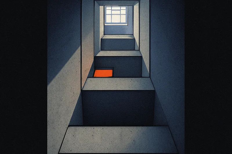 A concrete stairwell shaft seen from below, every landing bone-grey except one lit ember-orange through its window.