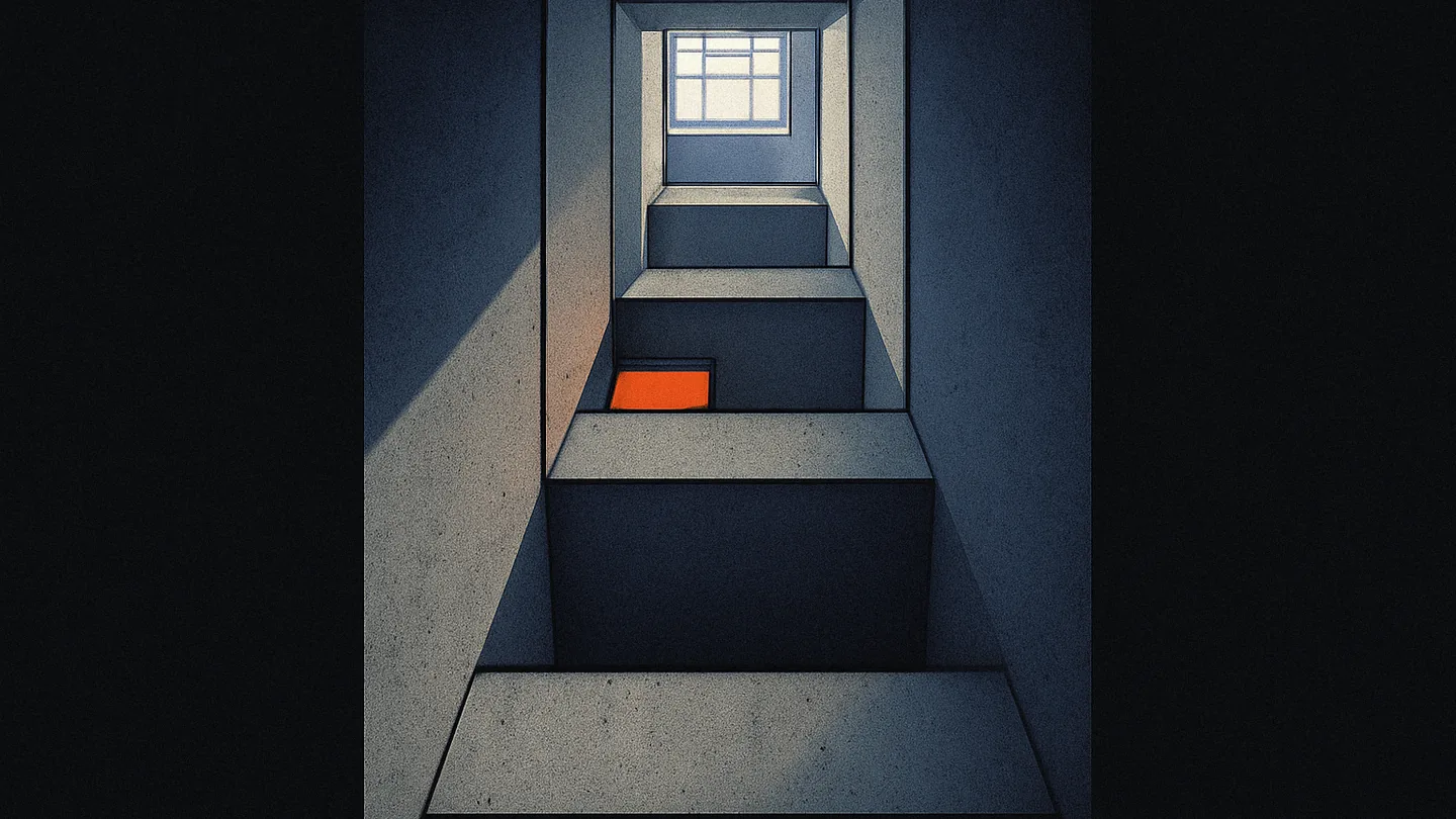 A concrete stairwell shaft seen from below, every landing bone-grey except one lit ember-orange through its window.