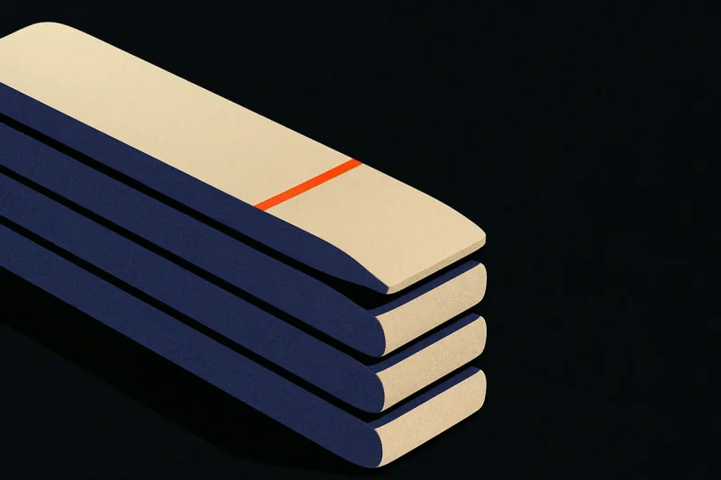 A stack of five bone-colored folders on a black desk, a thin orange line struck across the top folder's spine.