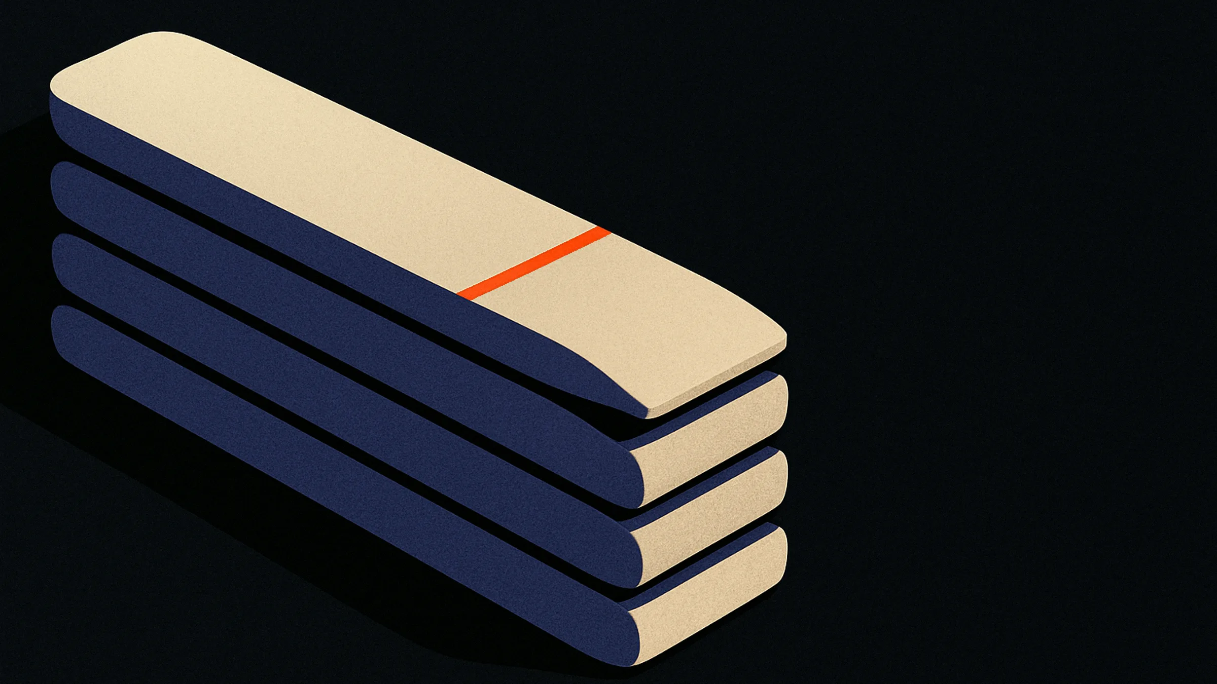 A stack of five bone-colored folders on a black desk, a thin orange line struck across the top folder's spine.