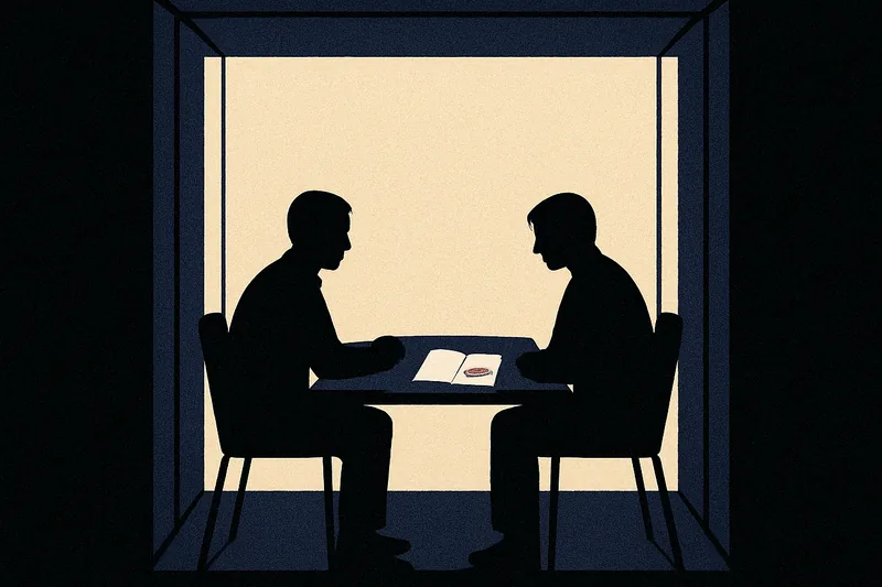 Two silhouettes seated across a table in a lit room, an open notebook between them with one line highlighted in orange.