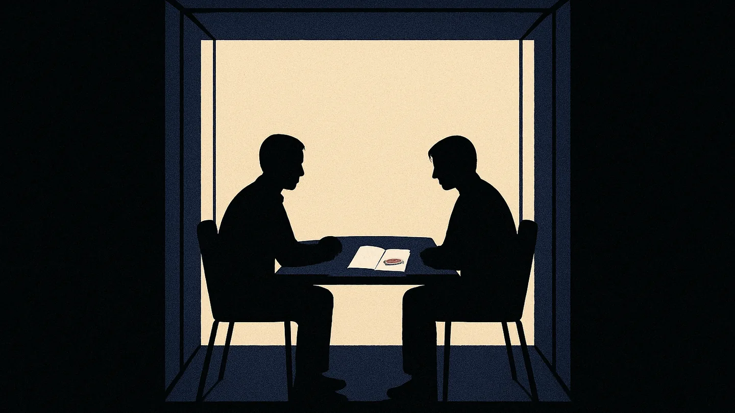 Two silhouettes seated across a table in a lit room, an open notebook between them with one line highlighted in orange.
