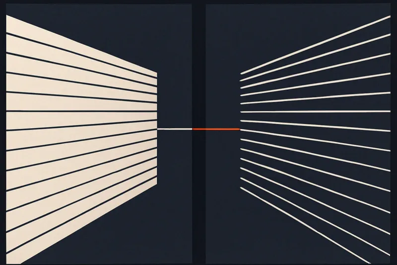 Two fields of thin lines approaching from left and right across a divided black field, joined by a single ember line only where they align.