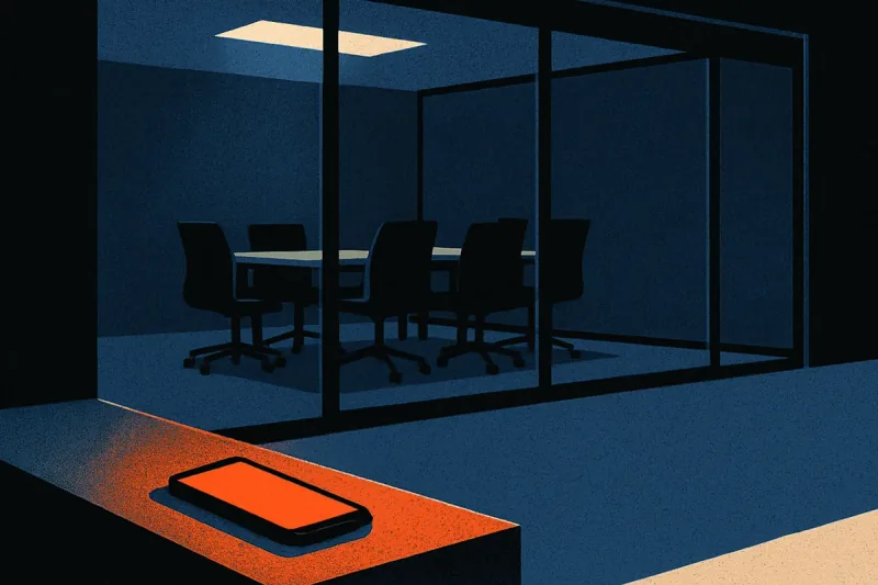 An empty glass meeting room seen cold in the background while a phone on a ledge outside it glows warm ember-orange.