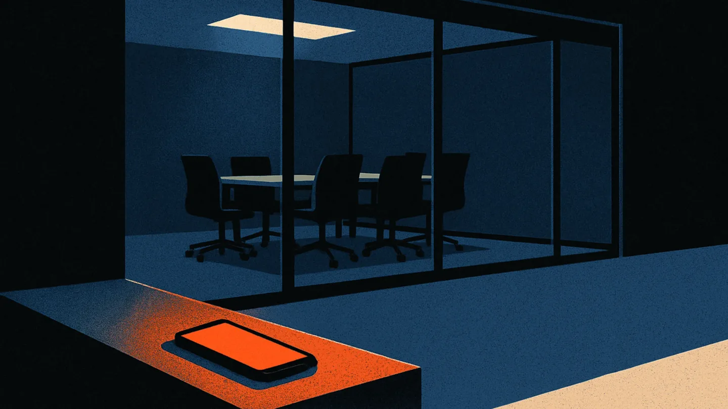 An empty glass meeting room seen cold in the background while a phone on a ledge outside it glows warm ember-orange.