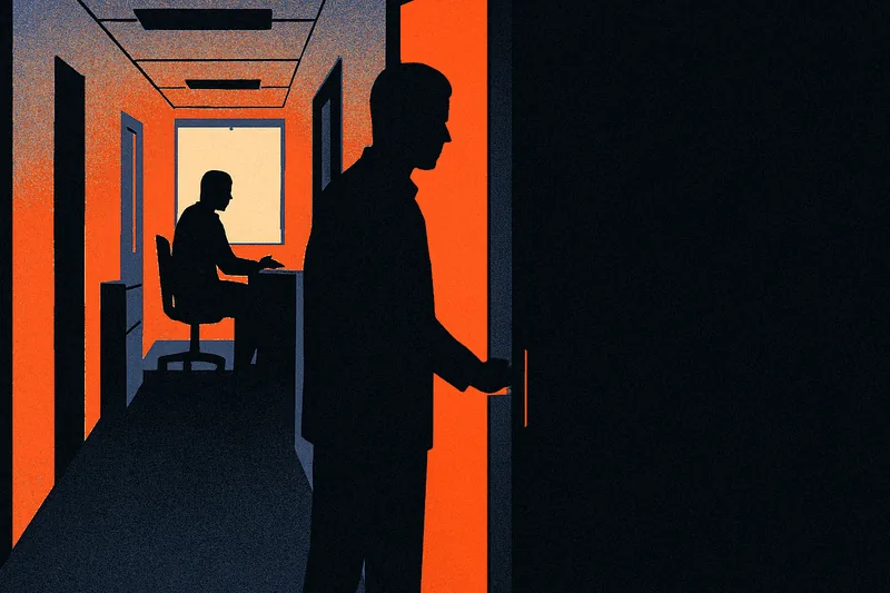 Two silhouetted figures in a dim office corridor, one holding open a glass door lit at the edge with a thin band of orange light.