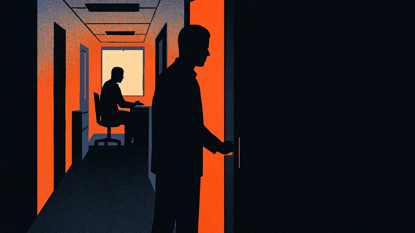 Two silhouetted figures in a dim office corridor, one holding open a glass door lit at the edge with a thin band of orange light.